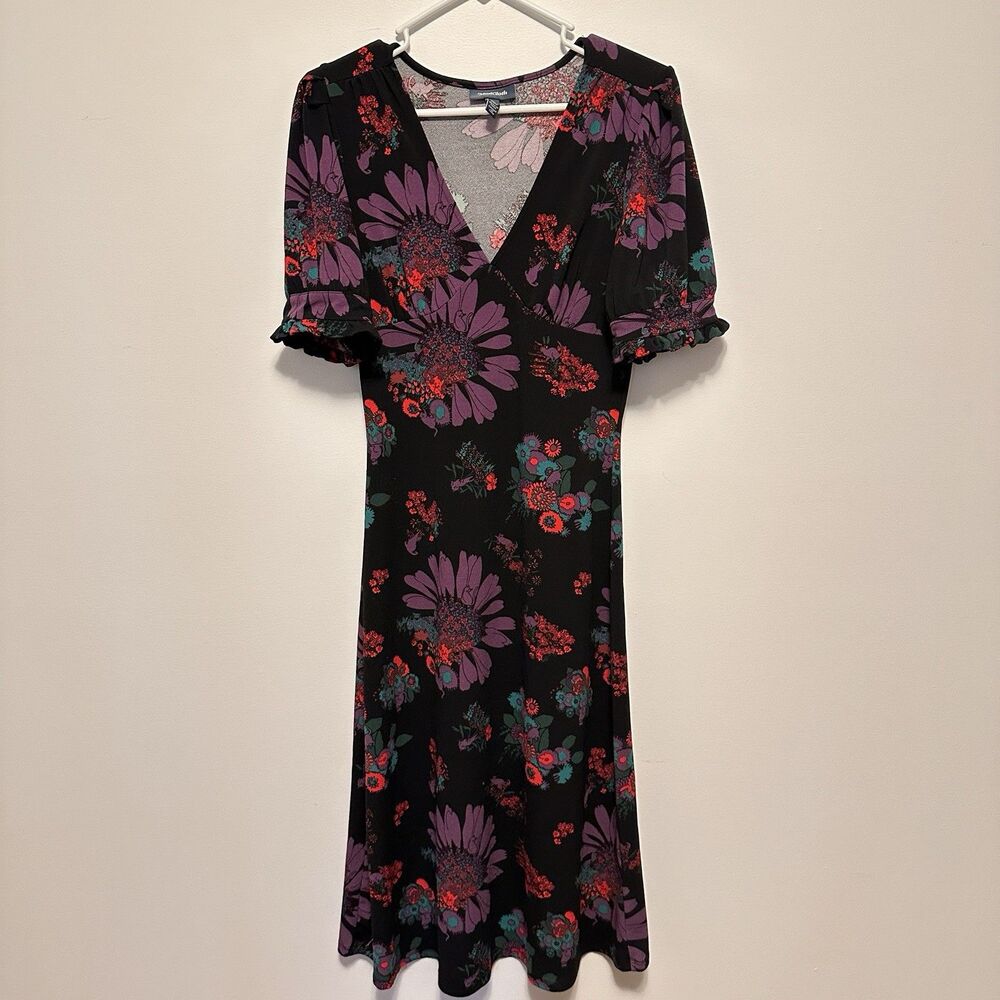 ModCloth Meow Bouquet Black Purple Cat Floral Print Babydoll Dress Womens S